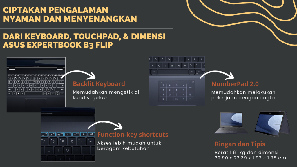 dari keyboard, touchpad, & DIMENSI
asus expertbook b3 flip