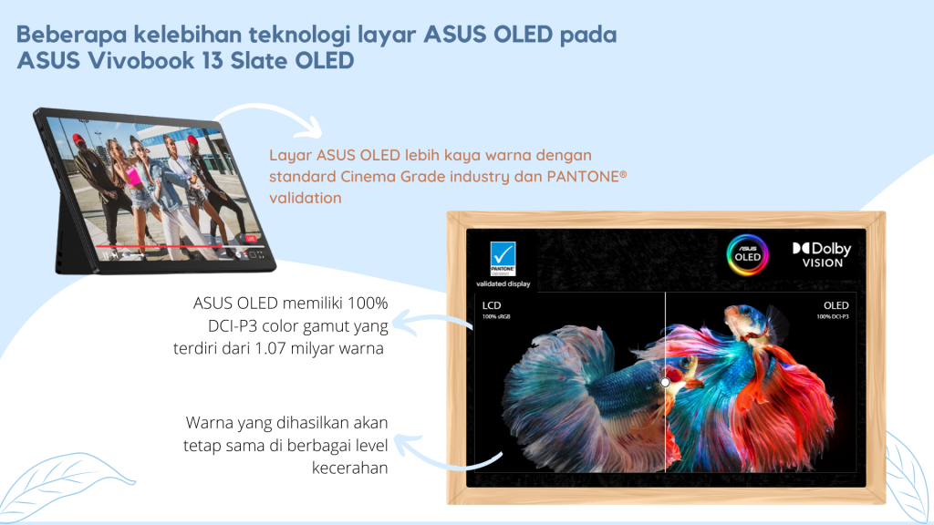 Layar ASUS OLED ASUS Vivobook 13 Slate OLED memiliki Standard Cinema Grade Industry dan PANTONE Validation