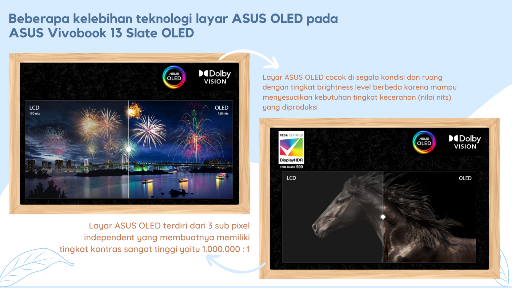 Layar ASUS OLED Vivobook 13 Slate memiliki kontras tinggi dan cocok di segala kondisi dengan berbagai tingkat brightness